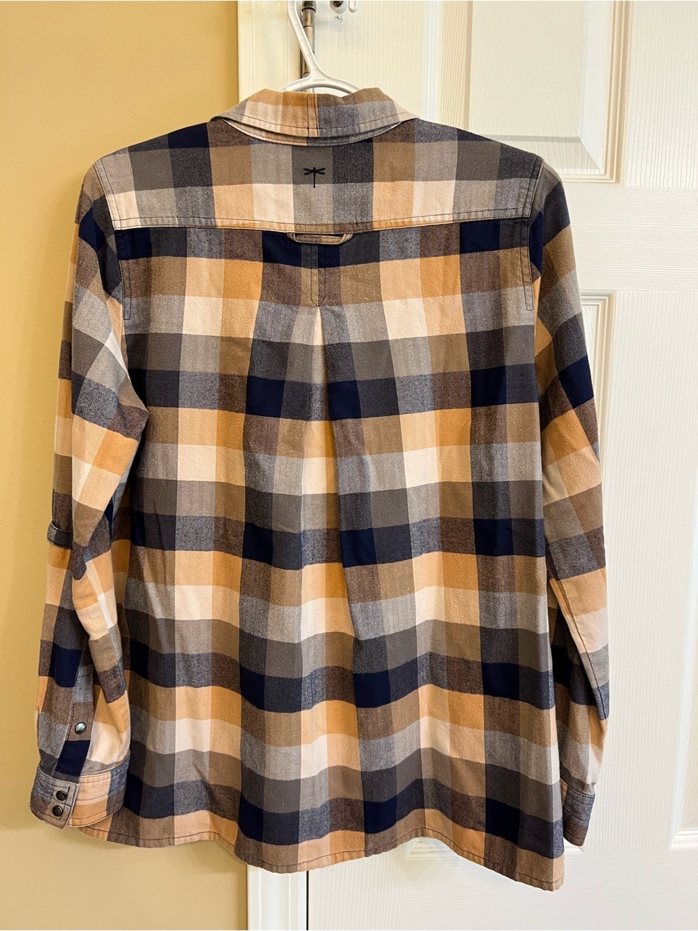 Tyler Boe flannel popover tunic features a brown, cream and blue plaid, Size M - Picture 2 of 14